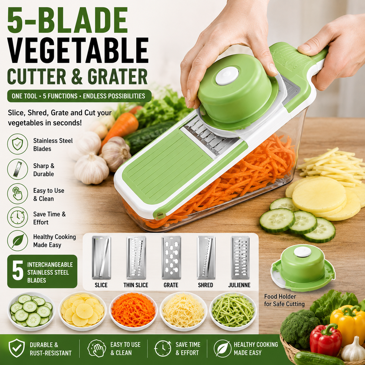 5-in-1 Multifunctional Vegetable Cutter & Grater | Stainless Steel Kitchen Slicer